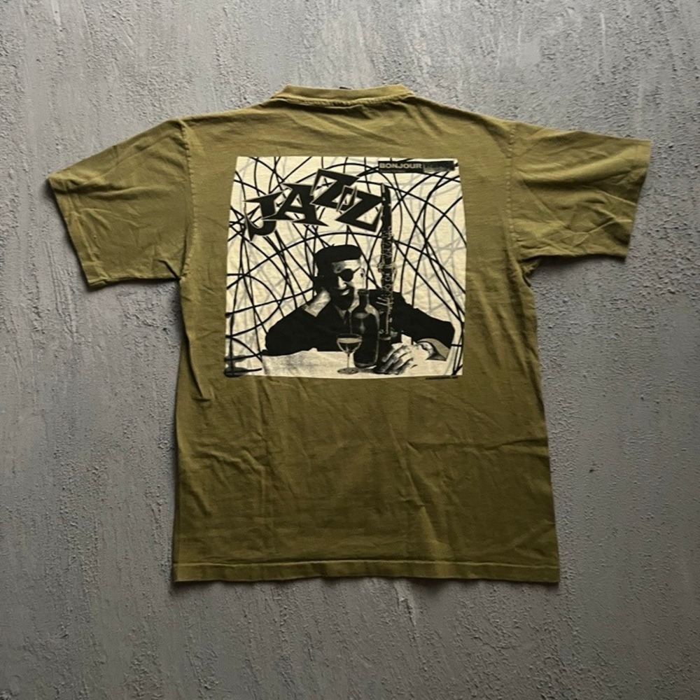 Vintage Beatnik Shirt Large Green 1990s Jazz Bonjour Paris